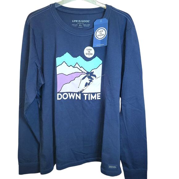 Life is Good Long Sleeve Tee Womens Skiing Sz XL Navy Blue Down Time Winter NEW - Picture 1 of 11